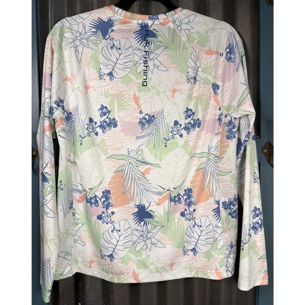 Huk Womens Aqua Dye Pursuit Crew L/S Fishing Shirt Medium Radical Botanical - Picture 3 of 5